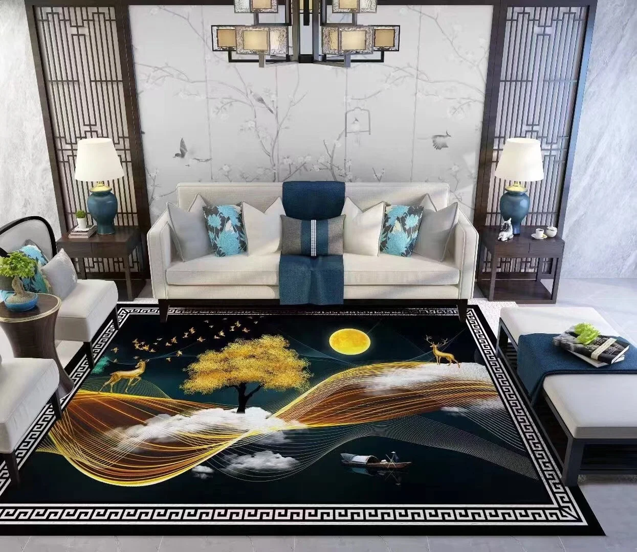 Chinese style lion design printed bedroom bedside carpet with diamond velvet