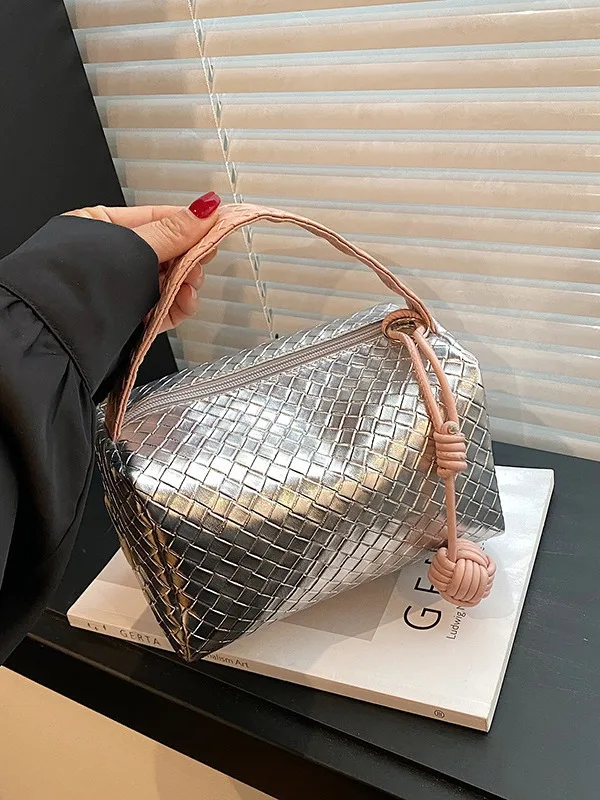 2024 new woven bag for women silver powder splicing wash and cosmetic bag texture versatile niche design  clutch purses handbag