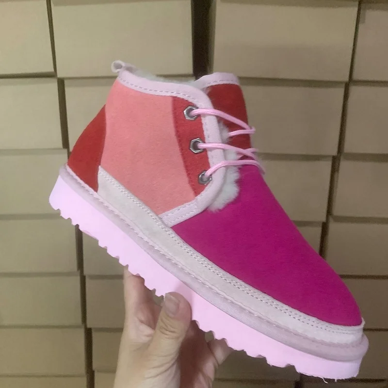 2022 new snow boots sheepskin wool snow cotton shoes color matching patchwork shell shoes candy color fur parent-child boots