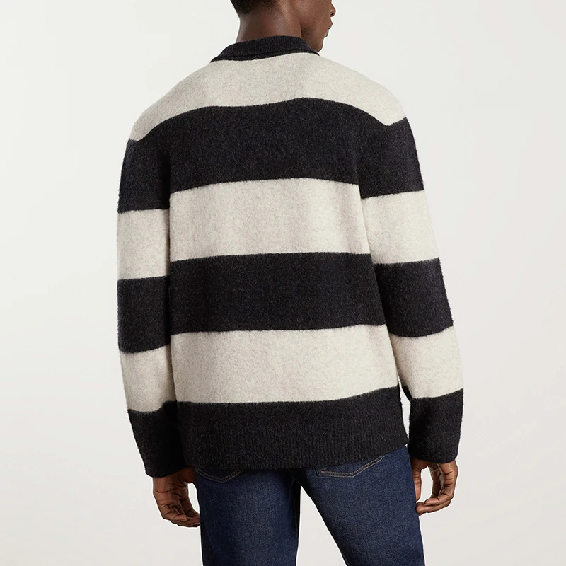 Wholesale custom winter men black and white striped long sleeve polo shirts Stretch Wool Rugby polo neck button Sweater