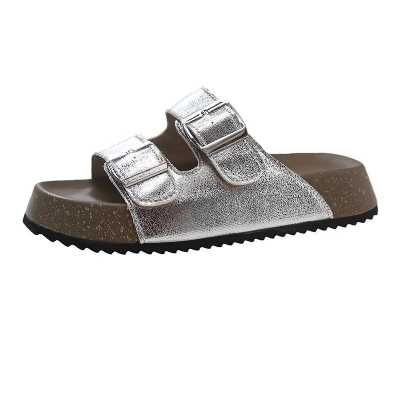 Summer Retro Belt Buckle Flats Slippers Fashion Outdoor Comfort Peep Toe Casual Sandals Women Sequin Sandal