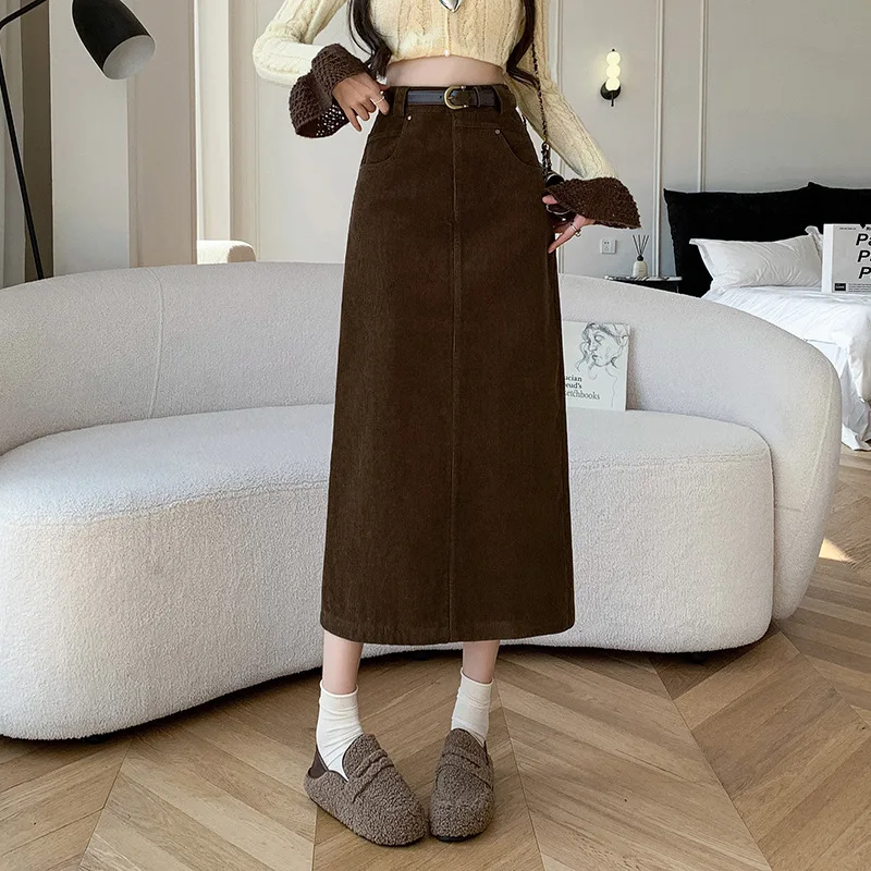 High Waisted Corduroy Skirt for Women Mid-Length with Slim Temperament Retro Hepburn Style for Autumn and Winter