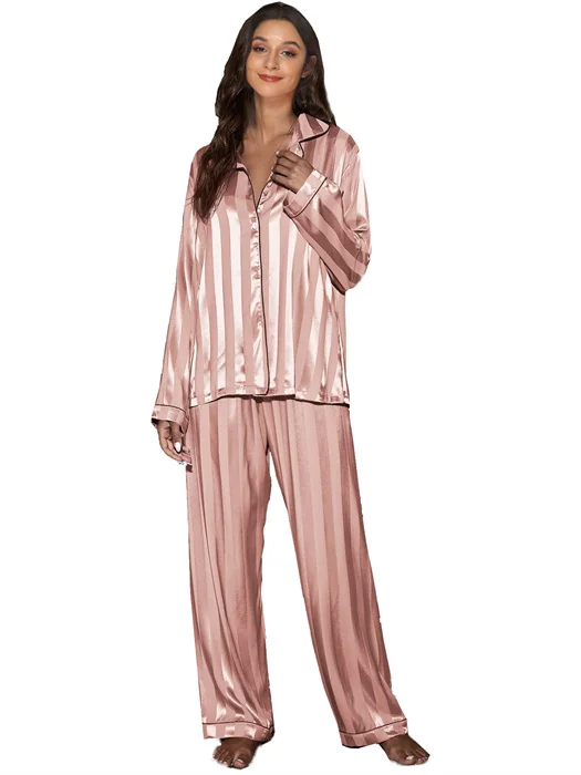 Hot Sale Women Autumn Long Pajamas Lapel Silk Satin Pajamas Two Piece Set Sleepwear Jacquard For Ladies Loungewear