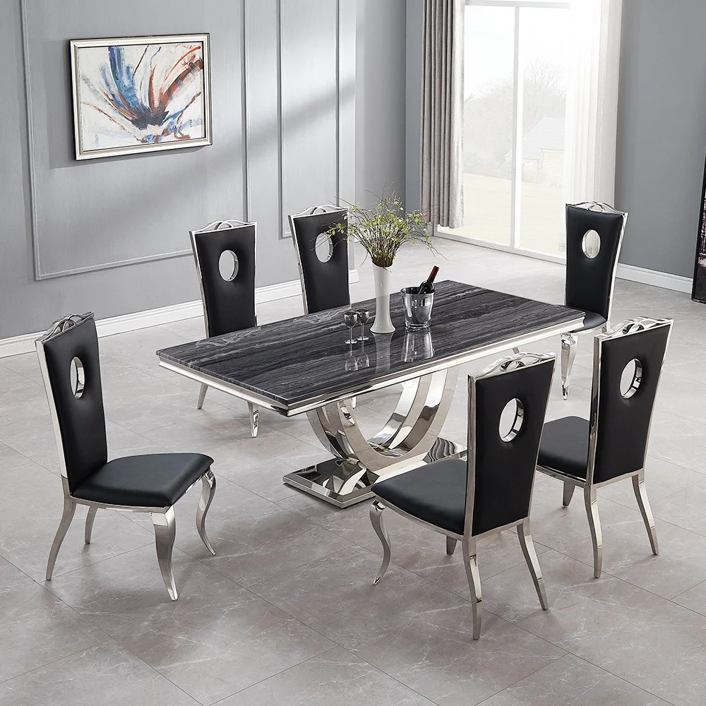 Luxury italian black marble dining table with 8 chairs set modern nordic style dining room dining table