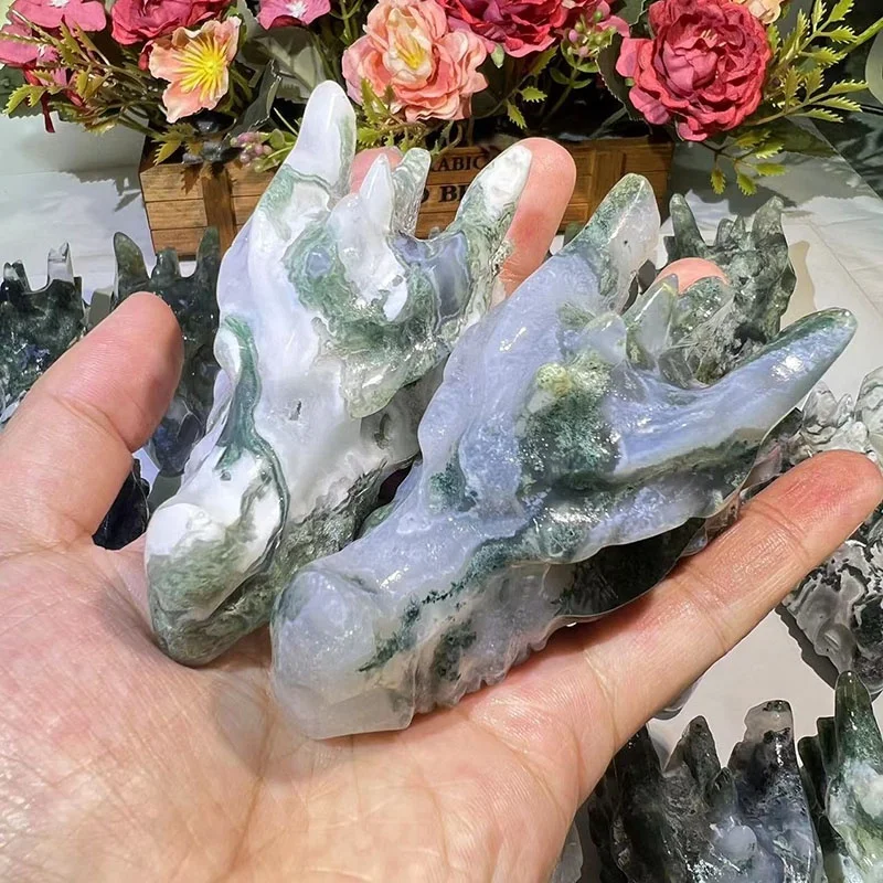 High Quality Natural Moss Agate Dragon Head Healing Crystal Stone Fengshui Carving Skulls Crafts for Decoration