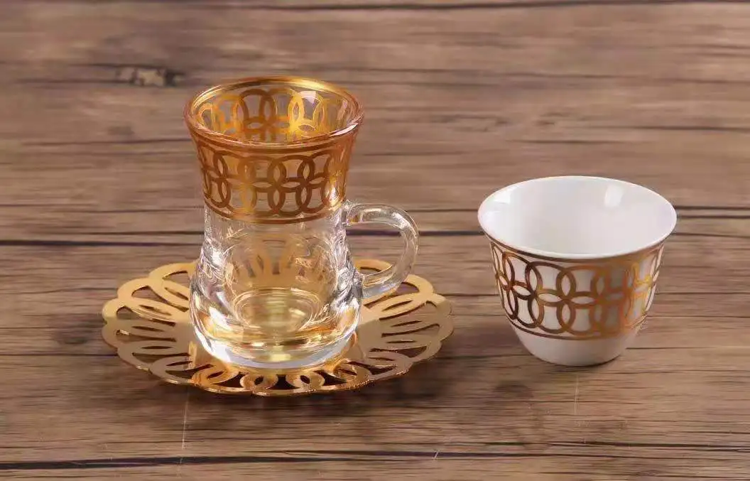 QIAN HU  Vintage Gift Set Classic Gold Plated Turkish  Glass Coffee Cups and Saucers Set Tea Set for Afternoon Tea