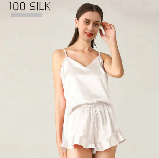 Silk Nightwear  Luxury 6A Pure Satin Silk Sleepwear Pajamas Short Sleeve Pants 100%  Silk Top with Short Set for Women