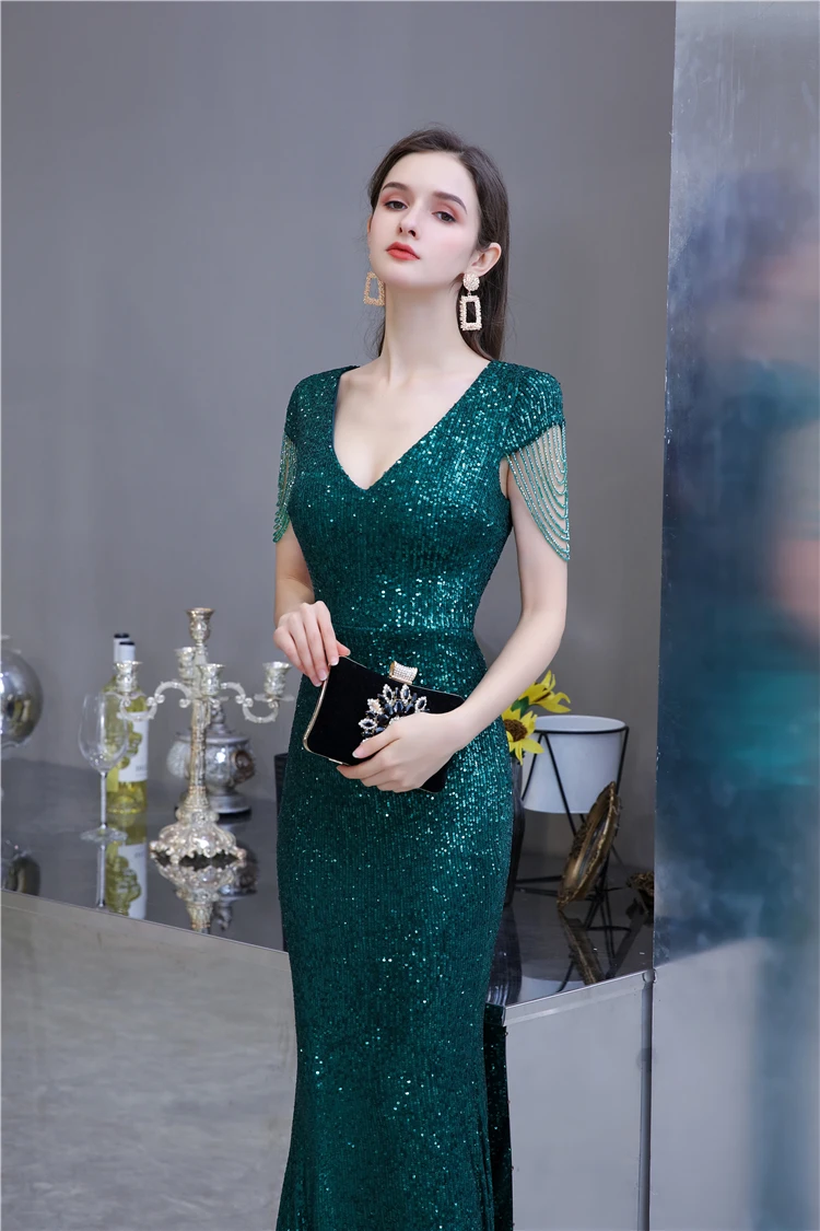 NWE1410 Flawless Sequin Lace Elegant wedding Dress Evening Dress with Tassel on Shoulder New Fashion Woman Dress