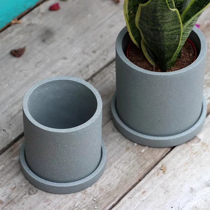 Wholesale Grey Cylinder Concrete Plant Pot Flower Pots with Tray