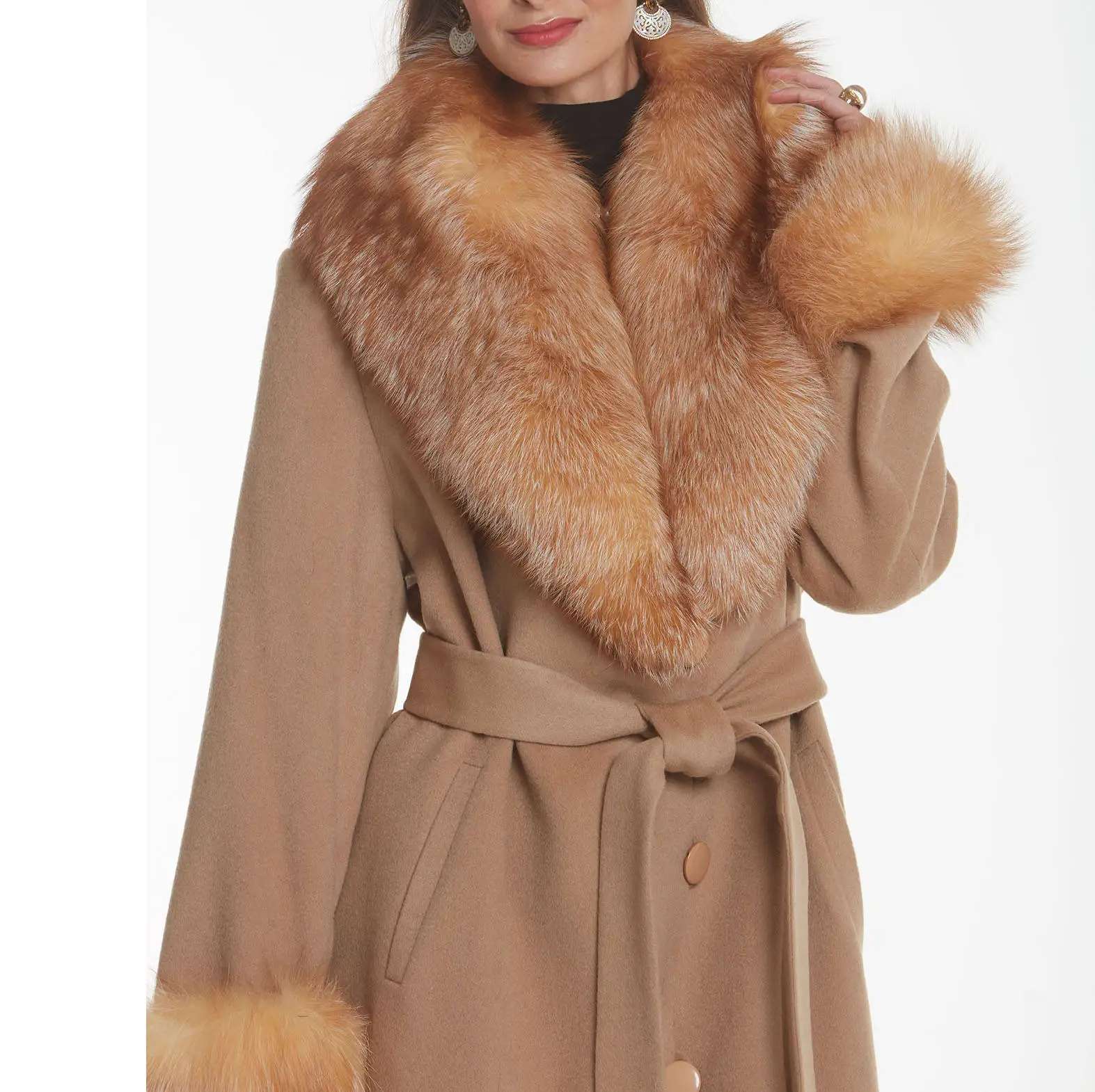 2023 Professional Manufacturer Custom Autumn Winter Womens Long Midi Wool Cashmere Coat With Fur For Women