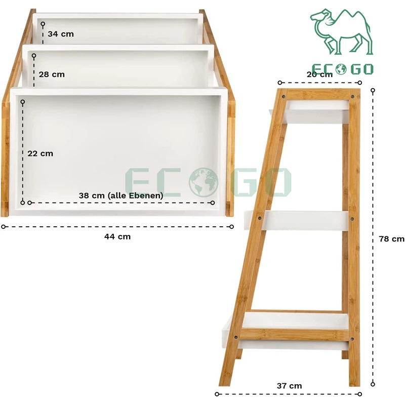 Bamboo & Wood Ladder Shelf With 3 Levels Small White Standing Shelf Bookcase Flower Stairs Bathroom Shelf