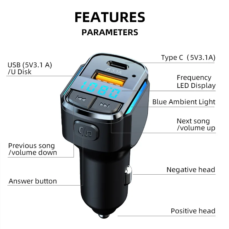 Blue Light Usb Type C Fast Charging Wireless Handsfree Bt Car Kit Fm Transmitter Usb C Car Mp3 Player