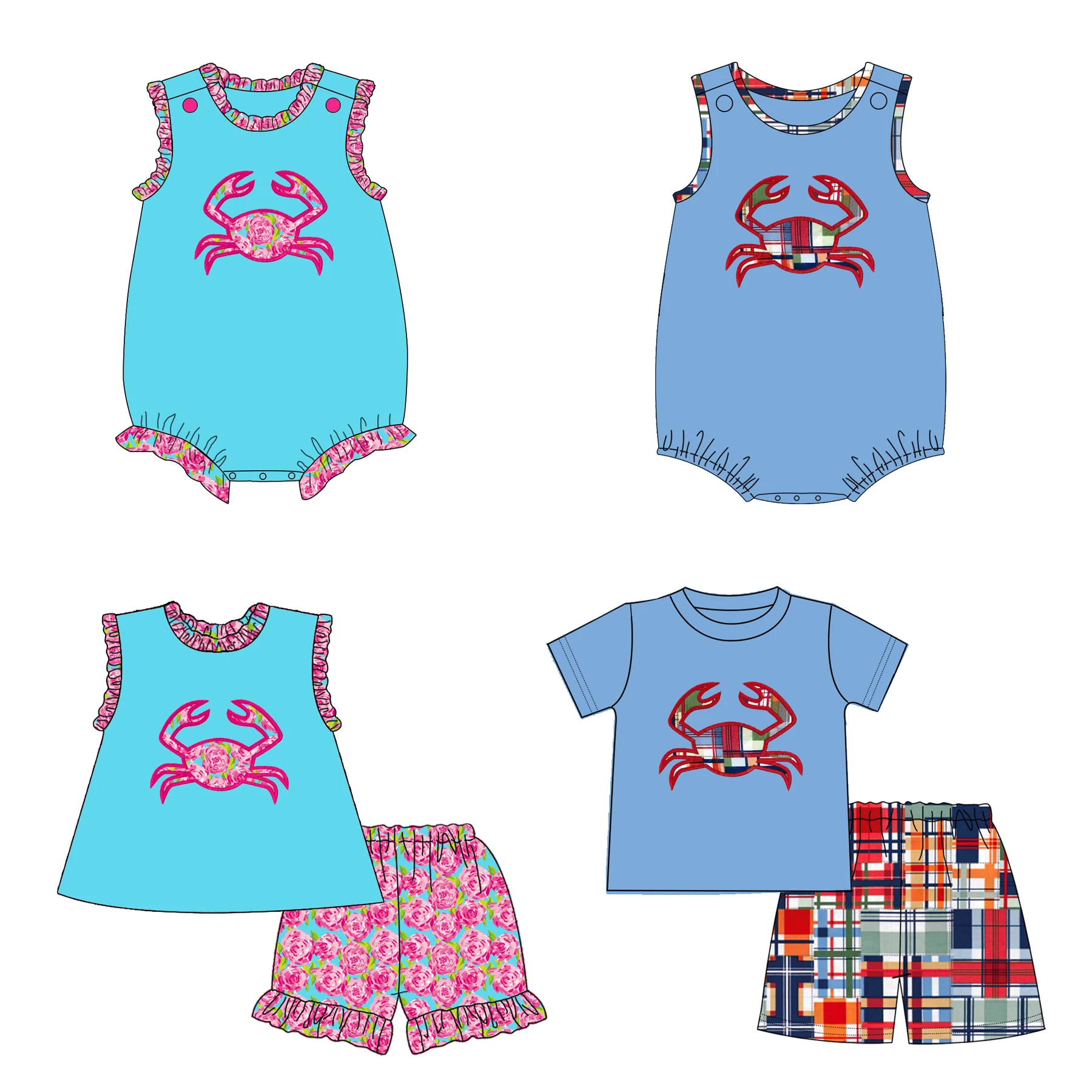 New product summer crab applique and printed shorts boutique baby girl clothing sets
