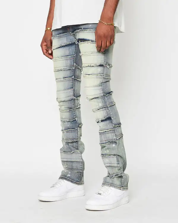 Men Patch Washed stacked denim Slim Ripped Pants mens loose fitting long super flare baggy stacked jeans pants detressed blank