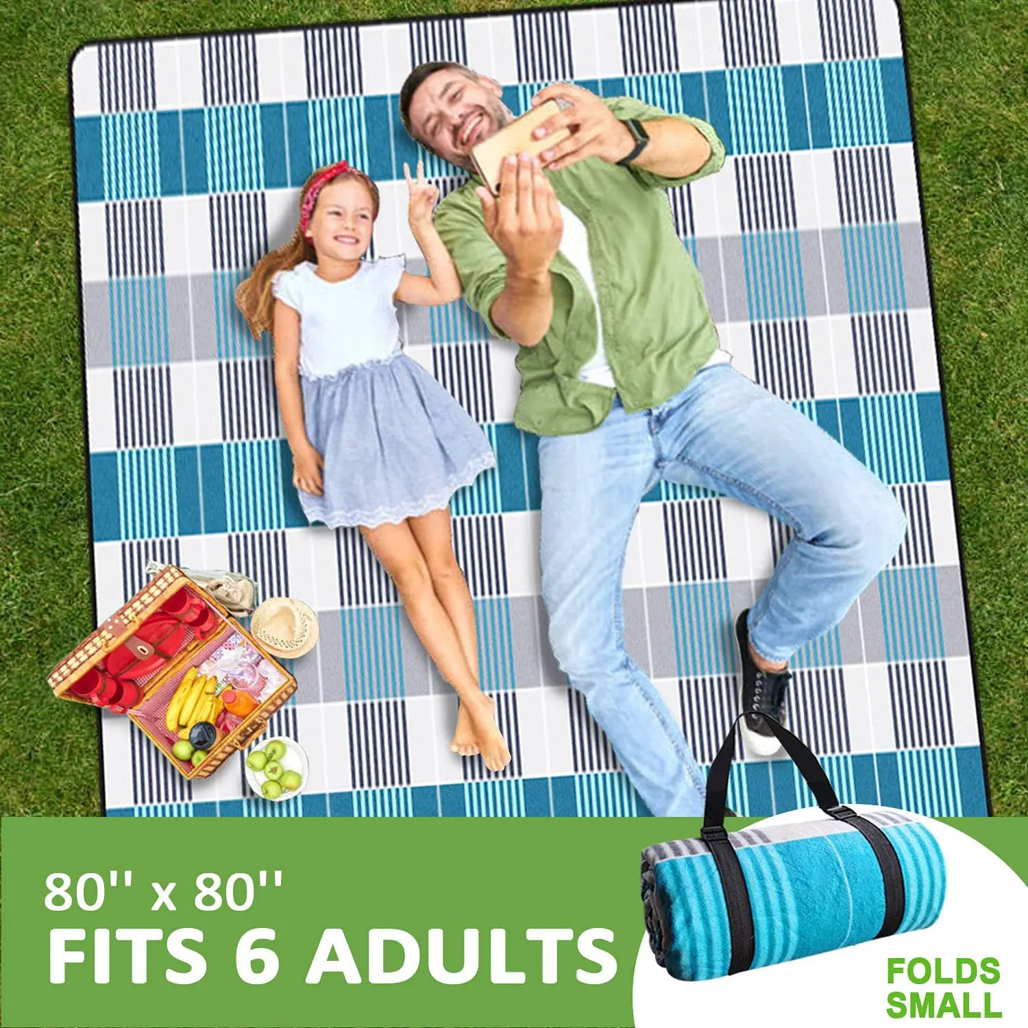 Extra Large Portable 3 Layers Material Outdoor Picnic Blanket Playing Mat with Waterproof Backing for Camping Beach Park Family