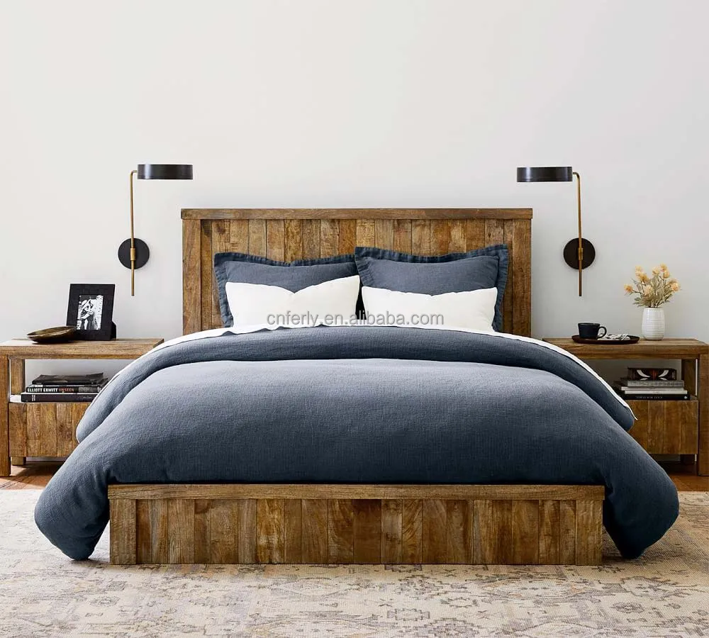Luxury Modern Home Furniture Hotel Bed American Style Wood Bed Bedroom Reclaimed Russian Oak Live-Edge Platform Bed