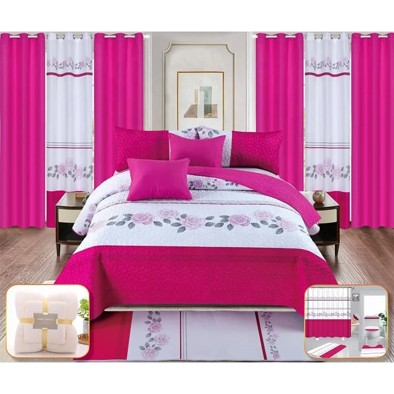 Red Flower Print Navy Blue 3d Printed Linen Blend Custom King 26PCS Polyester Curtain bedding Set