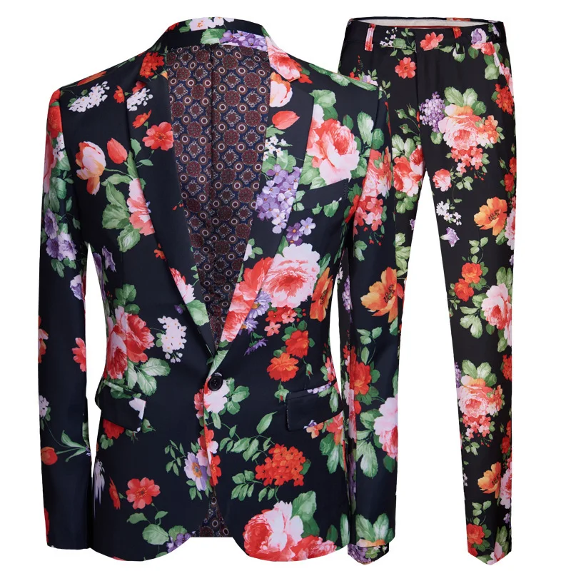 
PYJTRL Men Retro Vintage Floral Print 2 Pieces Set Suits Club Bar Evening Party Stage Singer Costume Slim Fit Jacket and Pants 