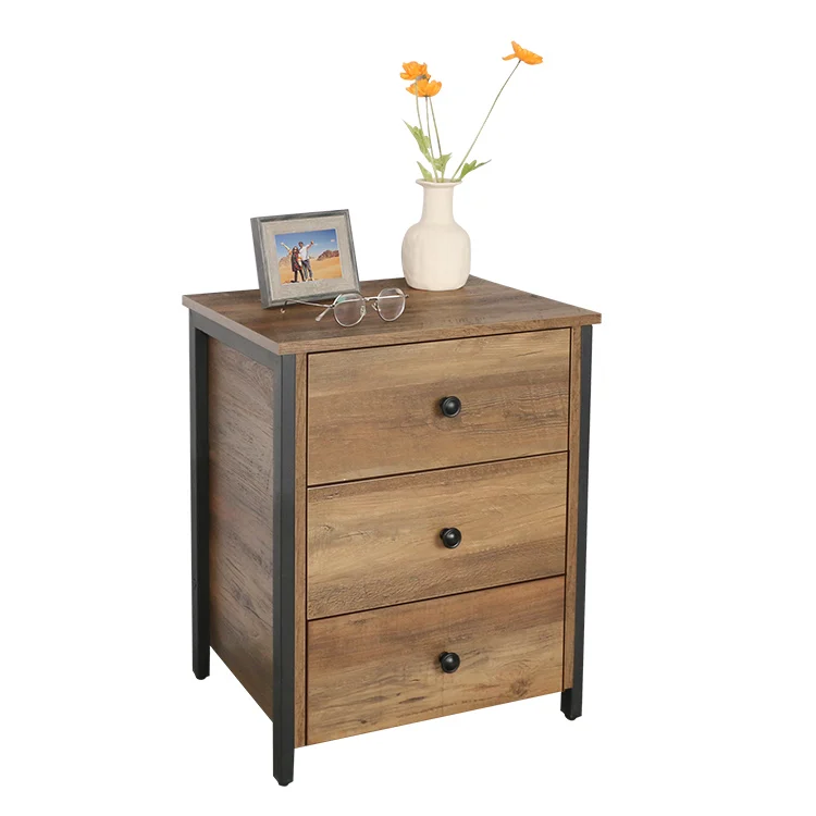 Mid-Century Industrial Design Durable Ready to Assemble Wooden Side End Table 3 Drawers Wheel Legs Nightstand Bedside Table