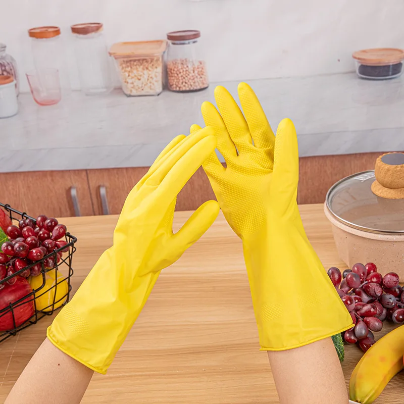 Custom Waterproof Dish Washing Women Velvet Lining Rubber Gloves Reusable Kitchen Cleaning 40g Yellow Household Latex Gloves