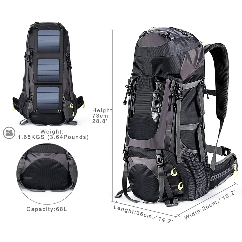 Solar Backpack Hiking 70L Large Capacity with 20W Solar Panel Charging for Phones Waterproof Rucksack for Climbing and Camping