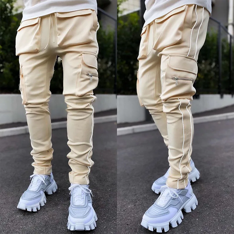 2021 Reflective Stripe Elastic 6 Multi Pockets Men Cargo Jogger Pants