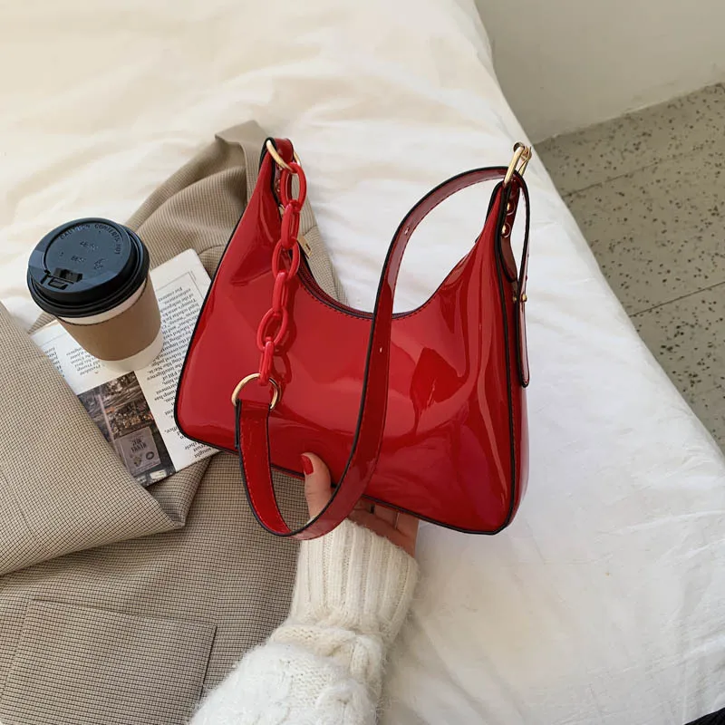 
Vintage Patent Leather Underarm Saddle Bags Women Solid Color Armpit Bag Summer Female Texture Shoulder Handbags Purses 