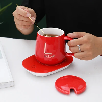 USB Charge Heating Temperature Control 55 Degree Ceramic Coffee Cup Gift Box Set  Mug Cup With Mat