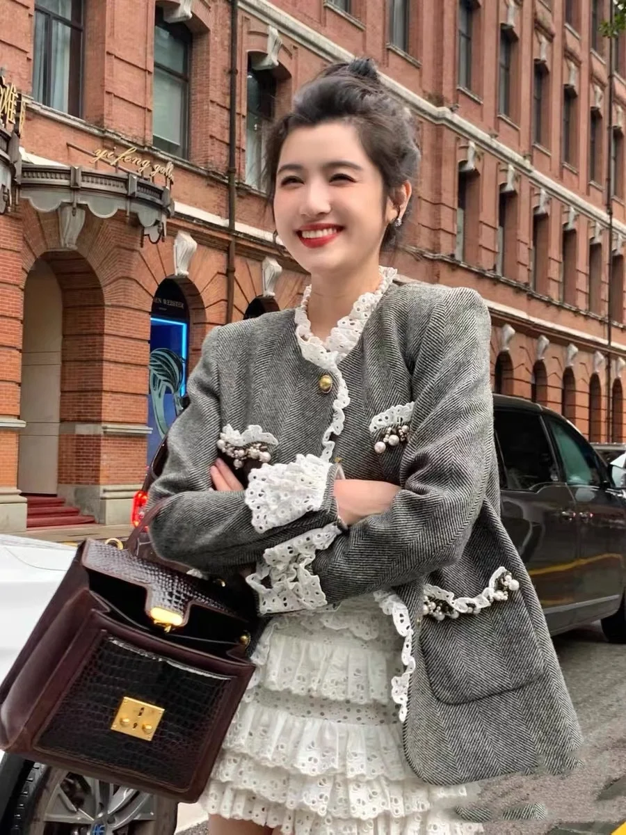 OUDINA New French Retro One Shoulder Slim Long-Sleeved Ladies Tops Latest Design Print Blazers