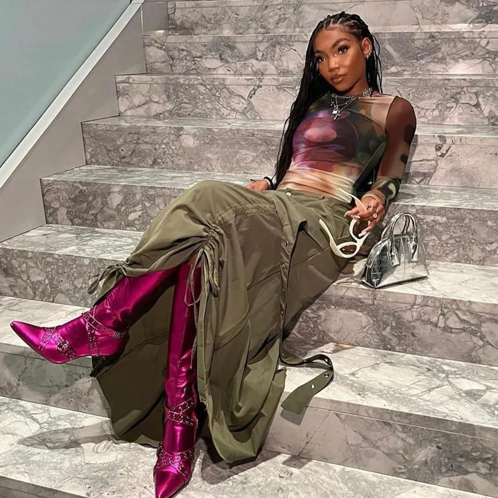 Fashion personality slit long skirt tassel drawstring pleated cargo skirt women maxi skirts