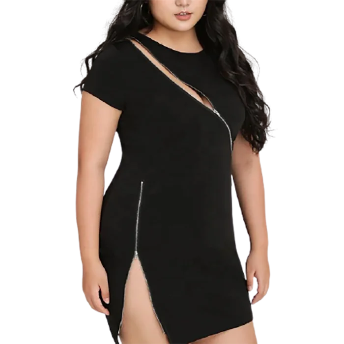 Custom dress sexy o-neck short sleeve skinny zipper black cut out dresses for women