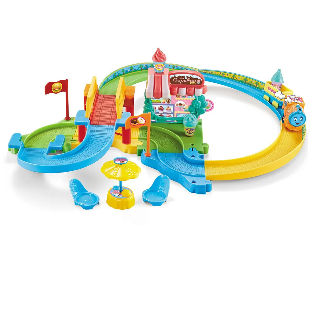 Kids dessert house B/O block electric train track set rail toys model