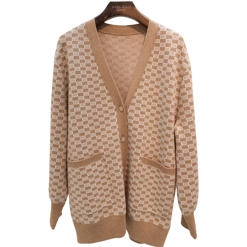 Brown plaid pattern oversized cashmere knitted women cardigan sweater with button