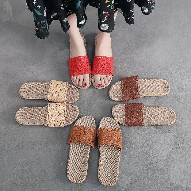 A word flip flops lace high quality women house indoor cheap summer indoor slippers linen