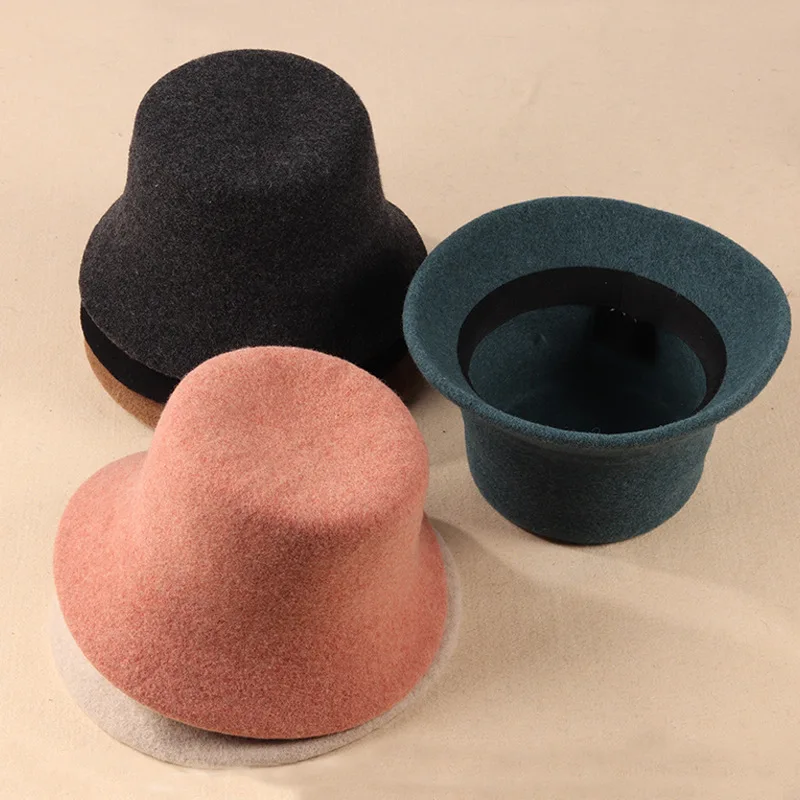 Oem 2023 Wholesale High Quality 100% Wool Wide Brim Fedora Fisherman Hat Custom Flat-topped Plain Outdoor Bucket Hat For Man - B