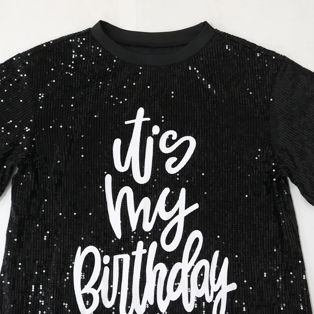 T Shirt Dress Sparkle Sequin Glitter Letter Print Party Birthday Outfits Women Ruffles Mini Dress Night Club Dress