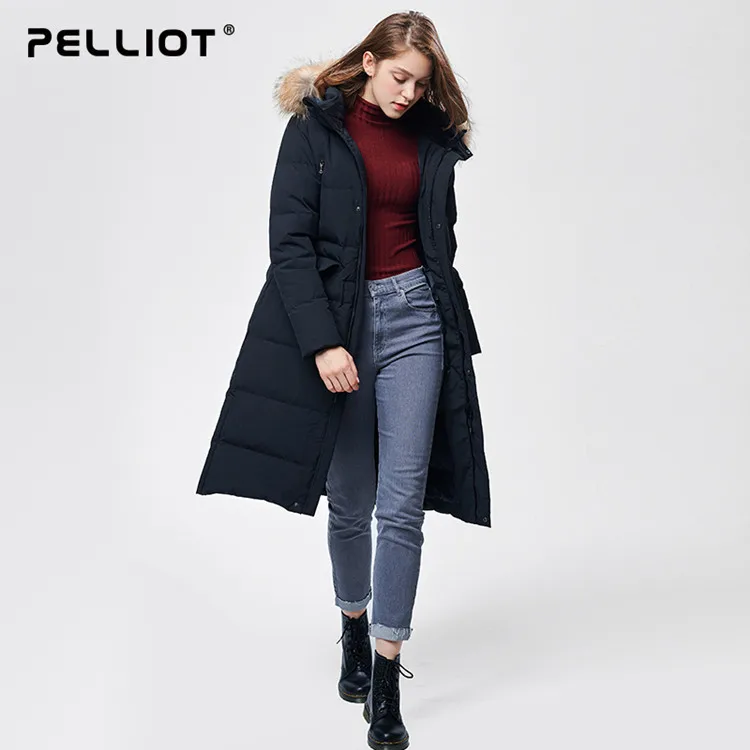 OEM ODM, черная 90% гусиная подкладка, длинный женский пуховик выше колена с меховым воротником