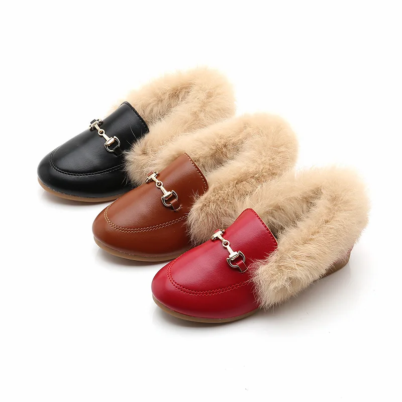 Factory wholesale new fall winter plush cute toddler children dress shoes fur slip on PU fashion flat girls shoes kids loafers