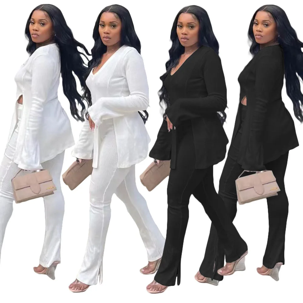 Custom Logo 2 Piece Set Fall Amazon Flared Sleeve Legging Pants T-Shirt Top Outfits Women V-Neck Suit Solid Color Two Piece Set