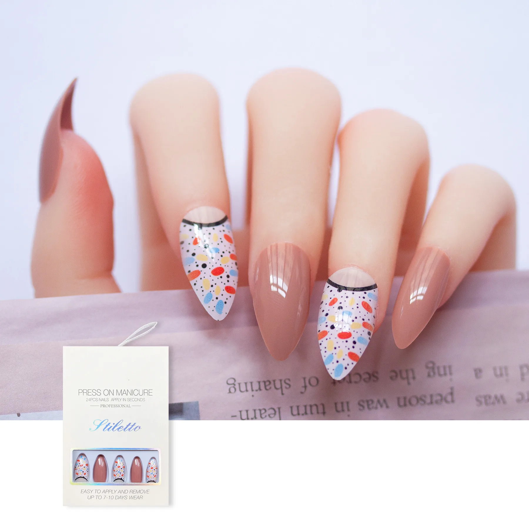 Doted Mixed Colors Pink White Round Medium Length Full Cover Matte Press on Nails