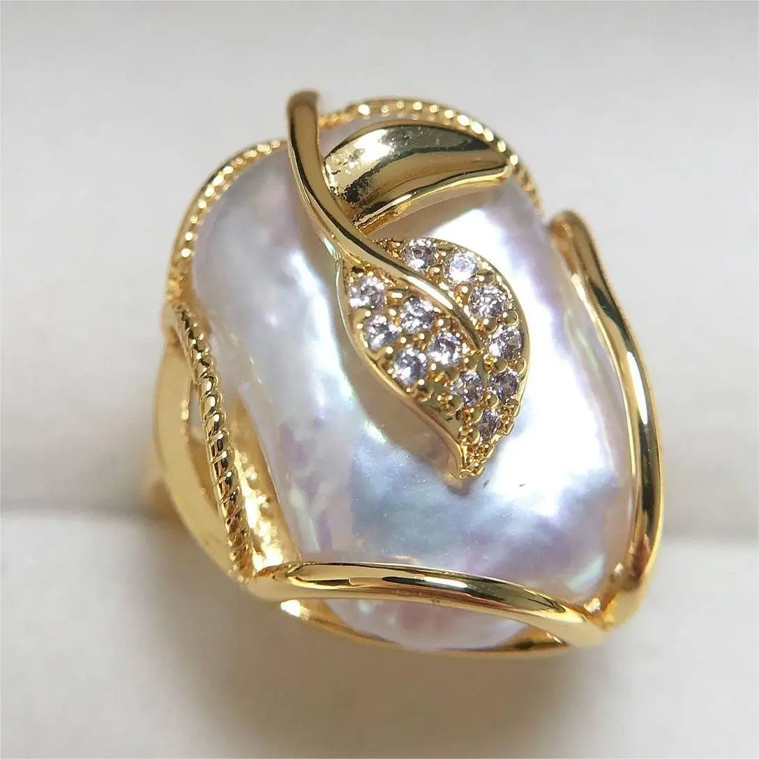 Vintage Zircon Baroque Pearl Ring Adjustable Gold Plated Chunky Pearl Rings Pearl Baroque Rings For Women