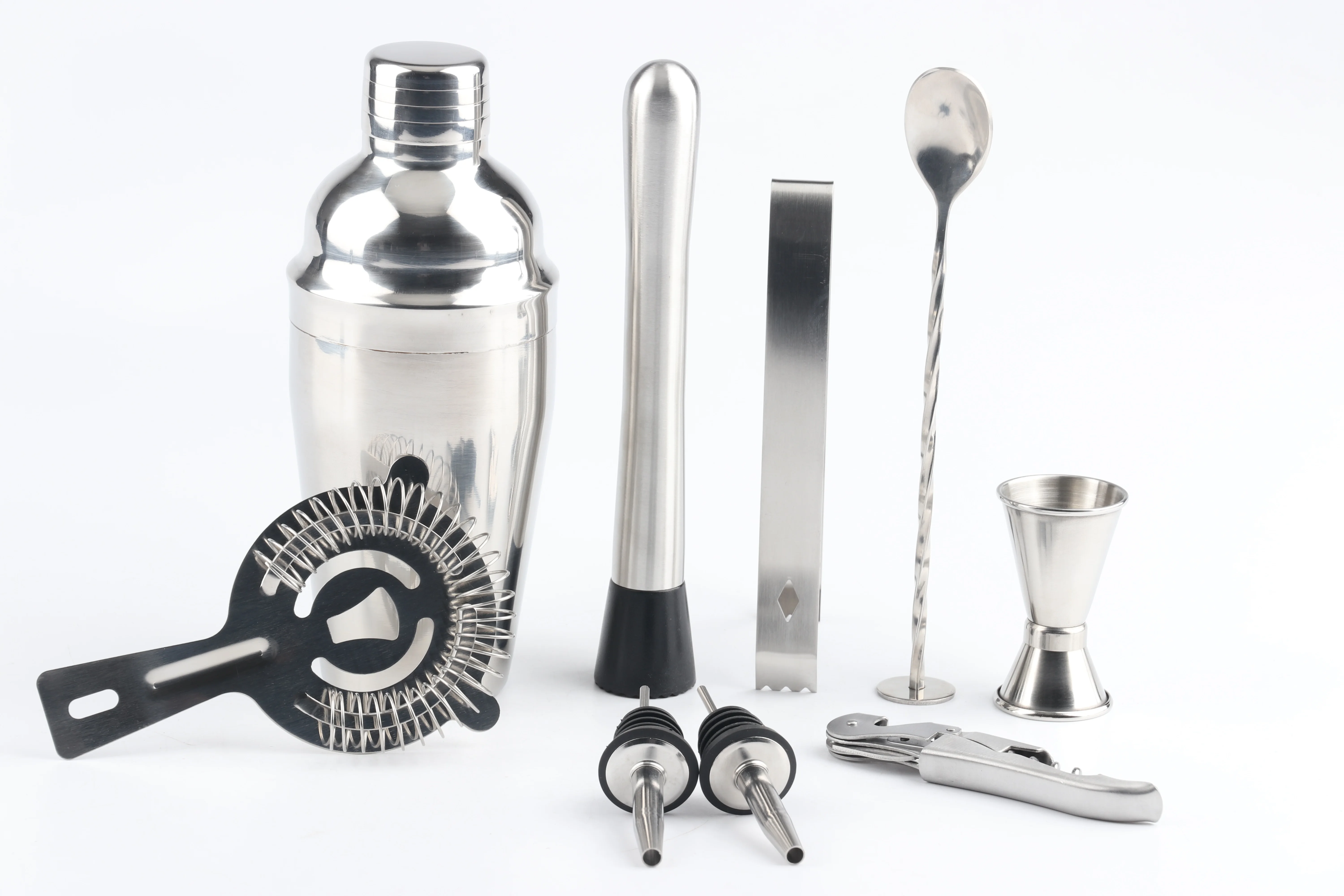 New Product Stainless Steel Cocktail Shaker Set Cocktail Bar Set with  Rotating Wood Stand