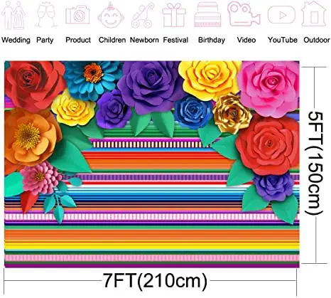 Mexican Theme Party Striped Backdrop Paper Flowers Background Party Decoration for Cake Table Decor Photo Booth Fiesta