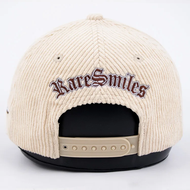 New design two tone corduroy snap back plastic closure 5 panel custom baseball cap with 3d embroidery logo