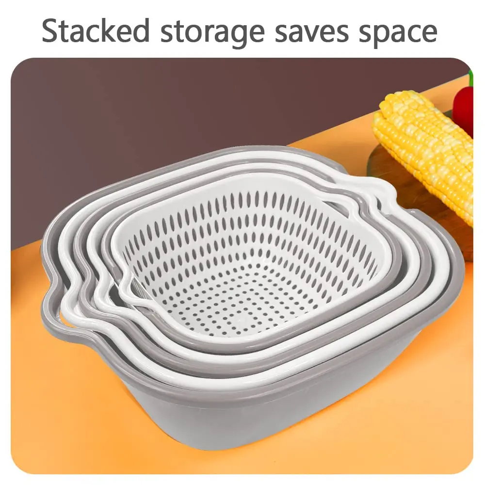 Kitchen Plastic PP double layer rotatable drain basket vegetable & fruit storage box washing basket