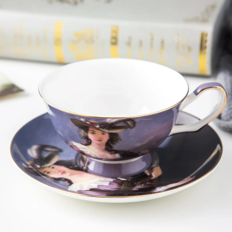 Elegant ladies oil painting design ceramic bone china cup and saucer vintage tea cups