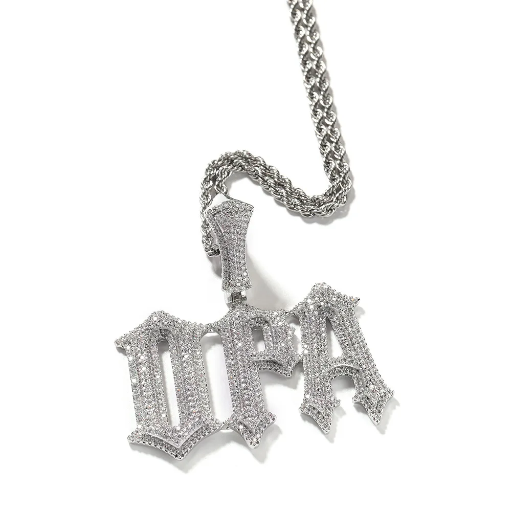 DE Spike Sparkling Fashion Stylish Hiphop Jewelry Iced Baguette Zircon Customized Big Letters Brass Pendant Necklace