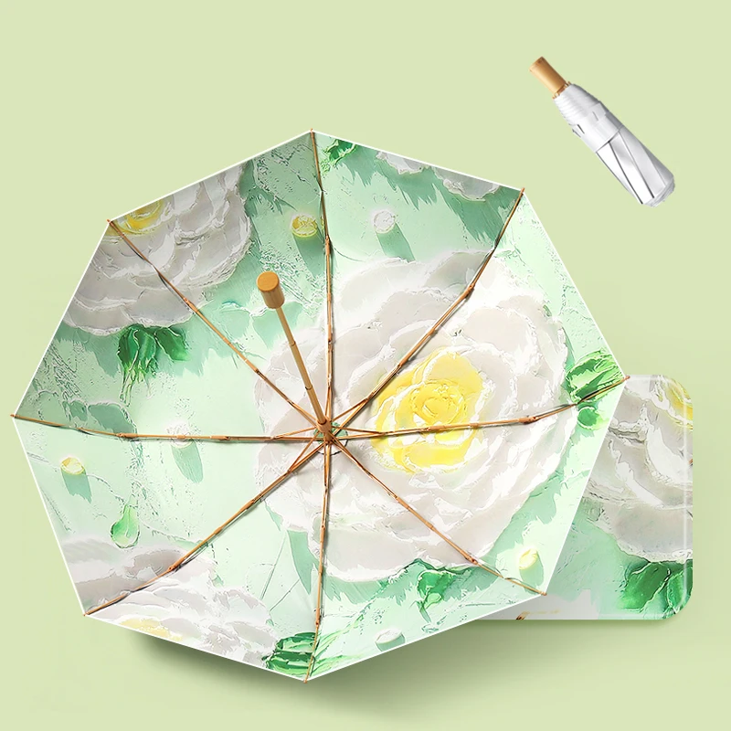 New fashion design printing women silver coating sunshade sun umbrella 8K 3 fold windproof gift uv umbrella with wooden handle