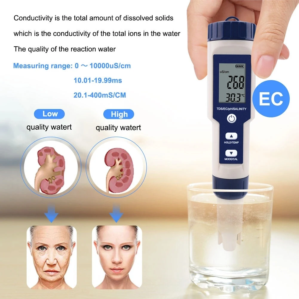 Multi-functions 5 in 1 pH TDS Ec Salinity Temp. Water Quality Tester Ez9909 LCD Screen with backlight from China factory cheap