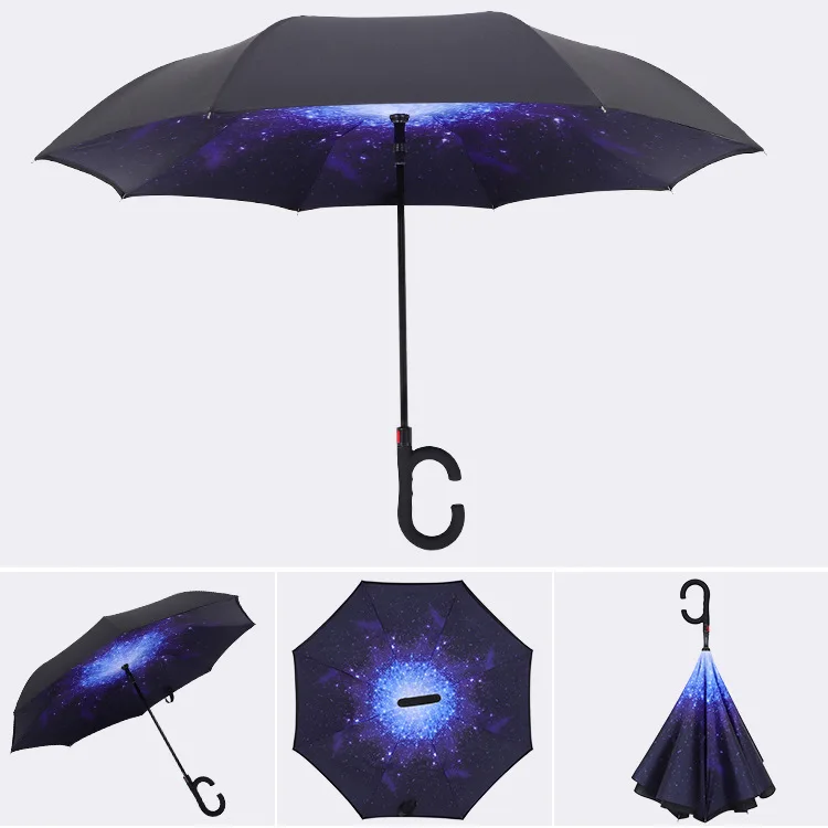 Custom Double Layer C Shape Handle inverted Reverse Umbrella automatic open straight umbrellas
